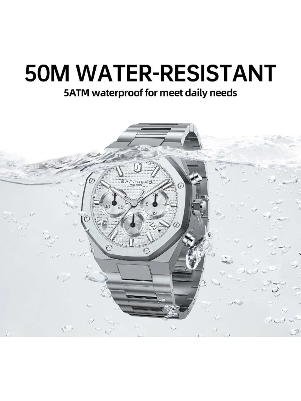 Men's Silver Strap Silver White Stainless Steel Octagonal Date Quartz Watch